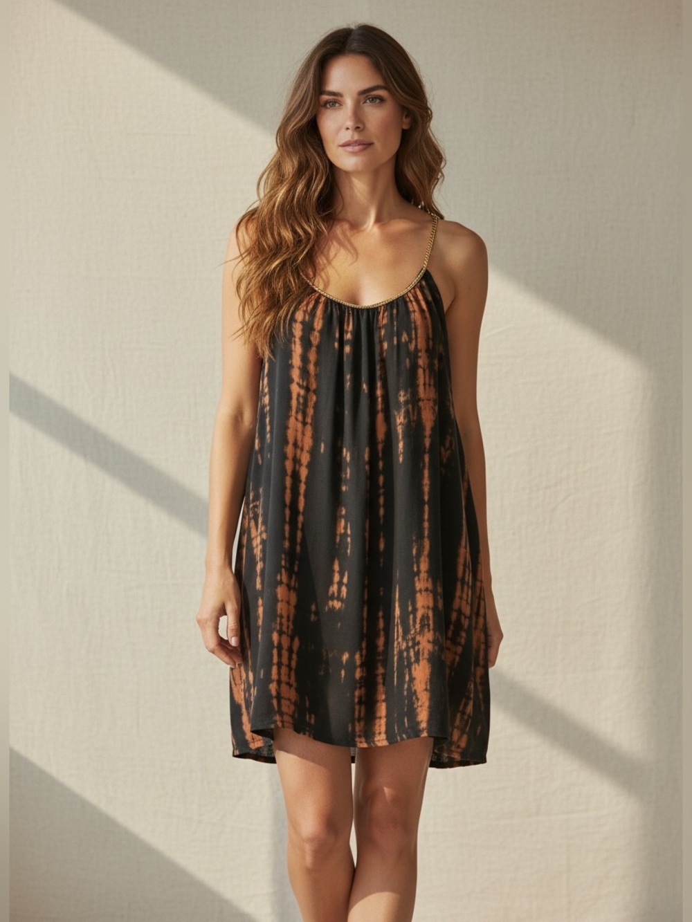 India Gold Braided Strappy Black Brown Tie Dye Flowy Sundress Dress Size M